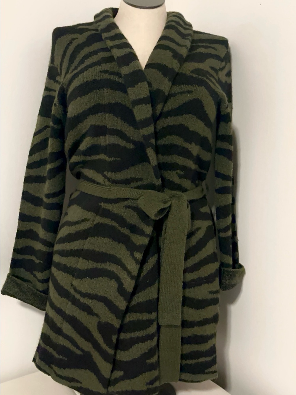 Time and Tru Olive and Black Zebra-Print Wrap Trench Coat